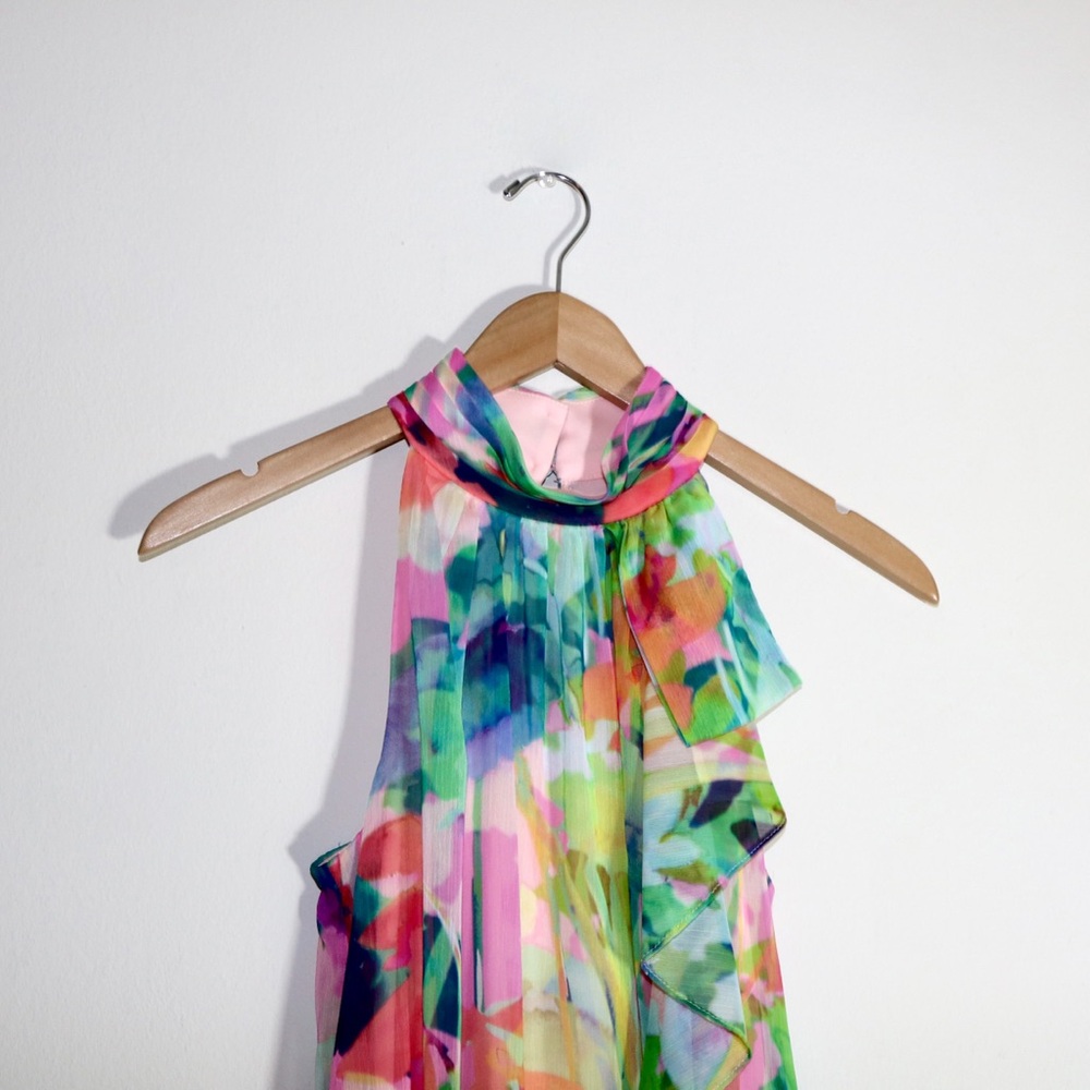 Adrianna Papell Floral Ruffle Chiffon Halter Trapeze Dress In Pink Multi - Picture 5 of 12